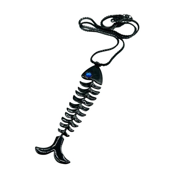 Punk Fun Fish Bone Necklace Black Enamel with Blue Eye Reversible Clear Eye - Picture 1 of 6